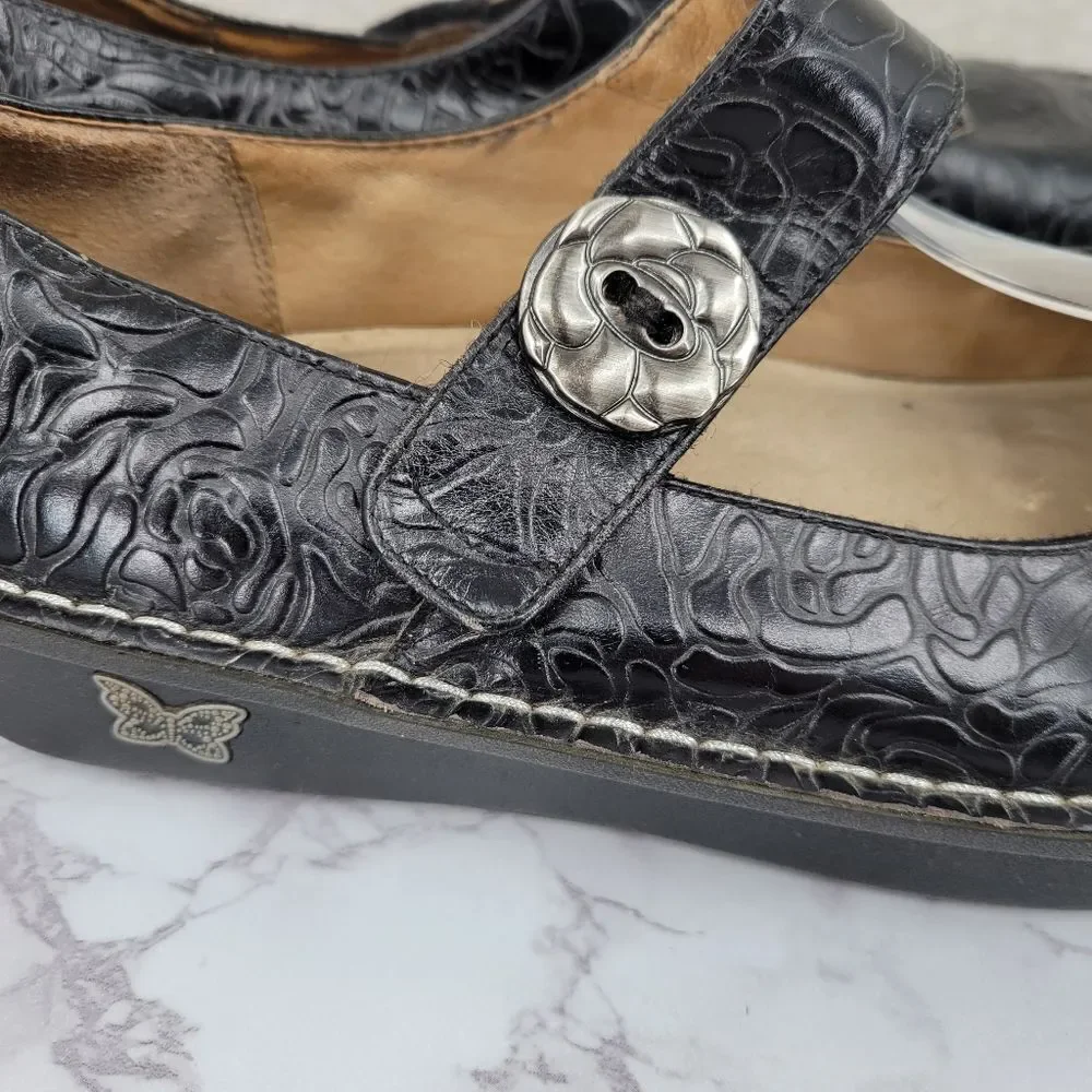 Alegria Paloma Black Rose Embossed Mary Jane Shoes Leather Women's Euro Size 39 - Picture 2 of 12